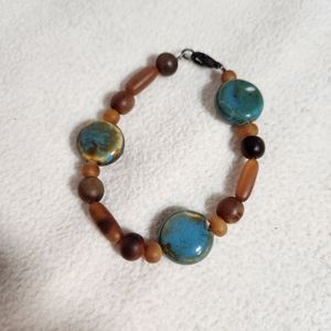 Tan Brown Blue Bead & Stone Bracelet with Lobster Claw Clasp